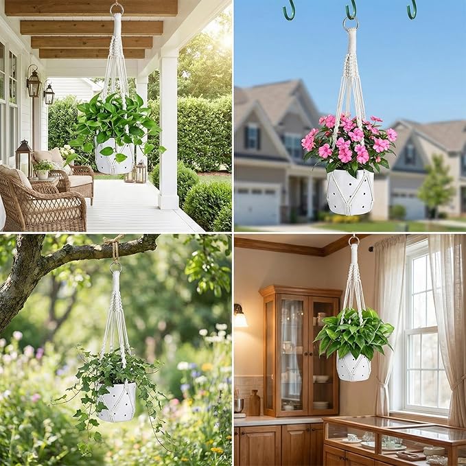 JJUNW 2pcs Macrame Plant Hanger, 21 Inch Indoor Hanging Planter with 2 Hooks Boho Long Crochet White Rope Hanging Planters for Indoor Outdoor Home Decor (Pots Not Included)