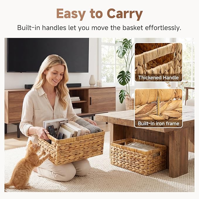 StorageWorks Wicker Storage Baskets, Handwoven Water Hyacinth Basket for Organizing, Decorative Organizers with Built-in Handles, Set of 2