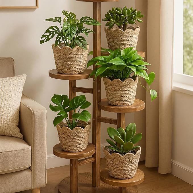 AceOrbit 6 Pcs Scalloped Seagrass Plant Basket with Plastic Liners Rattan Woven Plant Basket Wicker Planter for Indoor Outdoor Flower Pots Cover and Rustic Farmhouse Boho Room Decor (Medium)