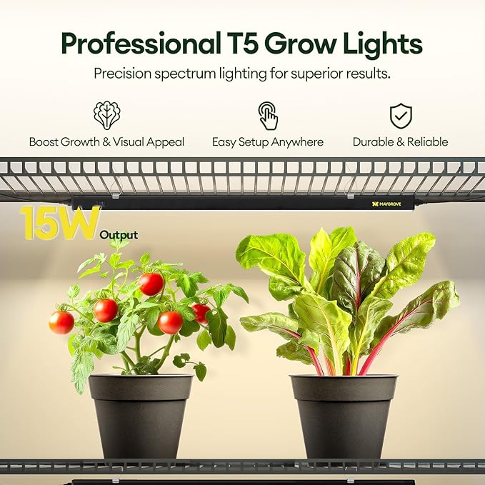 Maygrove T5 Grow Lights for Indoor Plants 2FT, Red-Enhanced Full Spectrum 5000K Grow Light, 60W(4 x 15W), Grow Light Strips for Seed Starting, Greenhouse, High PPFD, Linkable, Black, 4-Pack