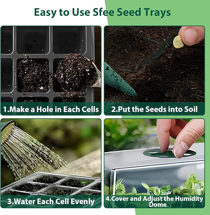 Sfee 5 Pack Seed Starter Tray Kit, 60 Cells Seedling Starter Trays with Humidity Dome and Base Greenhouse Growing Trays, Reusable Seed Germination Seedling Tray with Garden Tools Labels (Green)