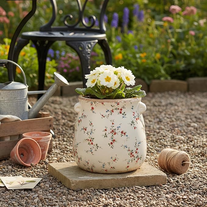 Xiaan Jiaju Ceramic Vases for Centerpieces, Shabby Chic Vase & Flower Pot with Drainage, Country Chic Decor for Office Room Garden Balcony Mantel Fireplace Table & Shelf, Red Floral