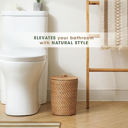84ECO Wicker Trash Can with Liner and Lid - Rattan Trash Can - Wicker Waste Basket for Bathroom, Bedroom, Office - Rattan Waste Basket