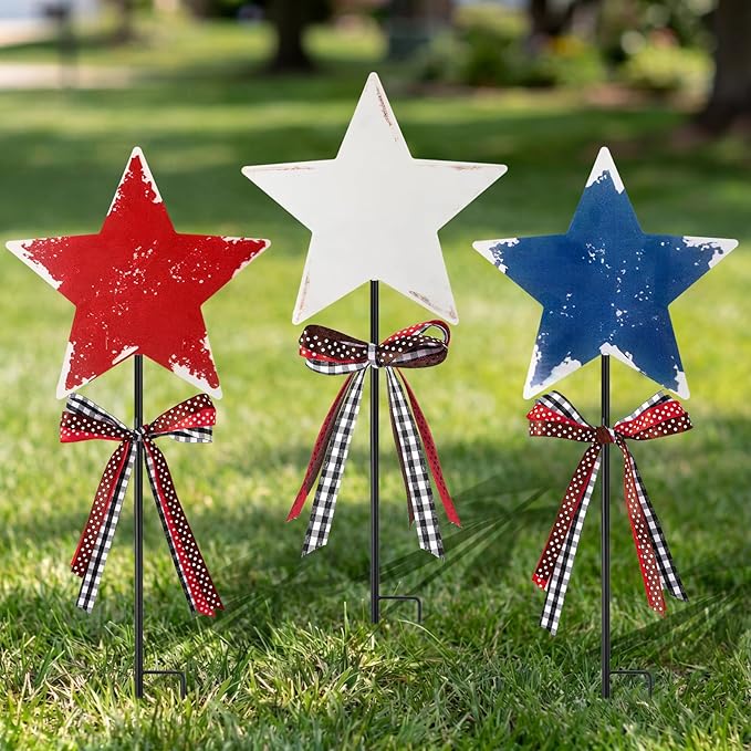 Amyhill 4th of July Outdoor Decor Patriotic Star Metal Garden Stakes Welcome Yard Signs Retro Red White Blue American Star Garden Stakes for 250th Anniversary Patio Lawn Walkway Outside Decorations