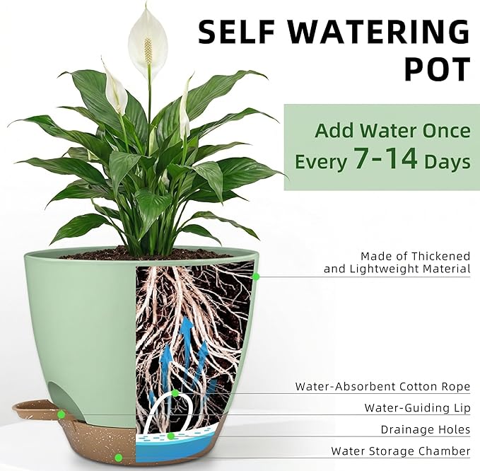 Plant Pots 8/7.5/7/6.5/6 Inch Self Watering Pots,5 Pack Planters with Drainage Holes and Saucers,Plastic Flower Pots,Nursery Planters for Indoor Outdoor Plants (Green)