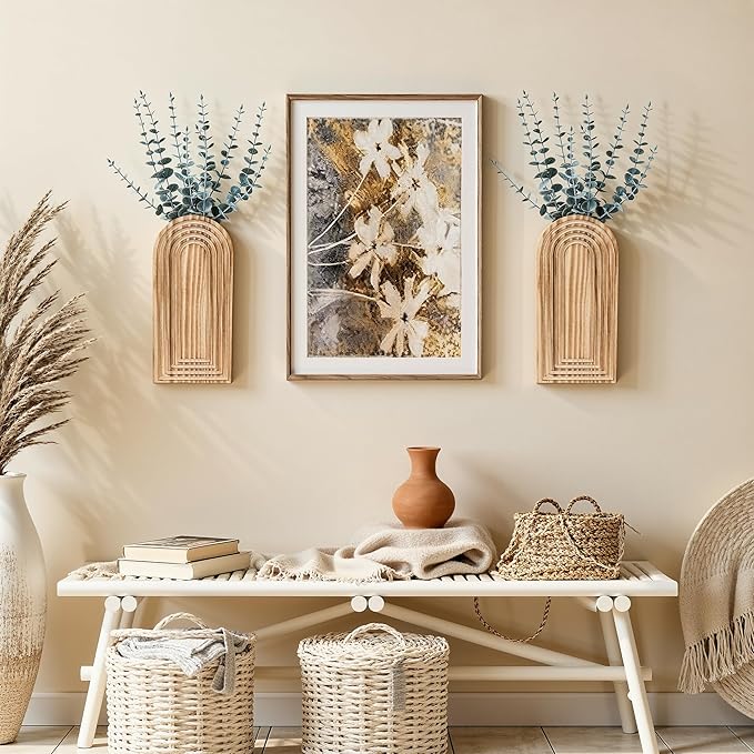 DREAMLOOM 2 Pack Wooden Wall Vases with Eucalyptus Artificial Plants, Wall Hanging Planters Boho Modern Farmhouse Indoor for Narrow Spaces Entryway Bathroom Home Office Decoration, Brown