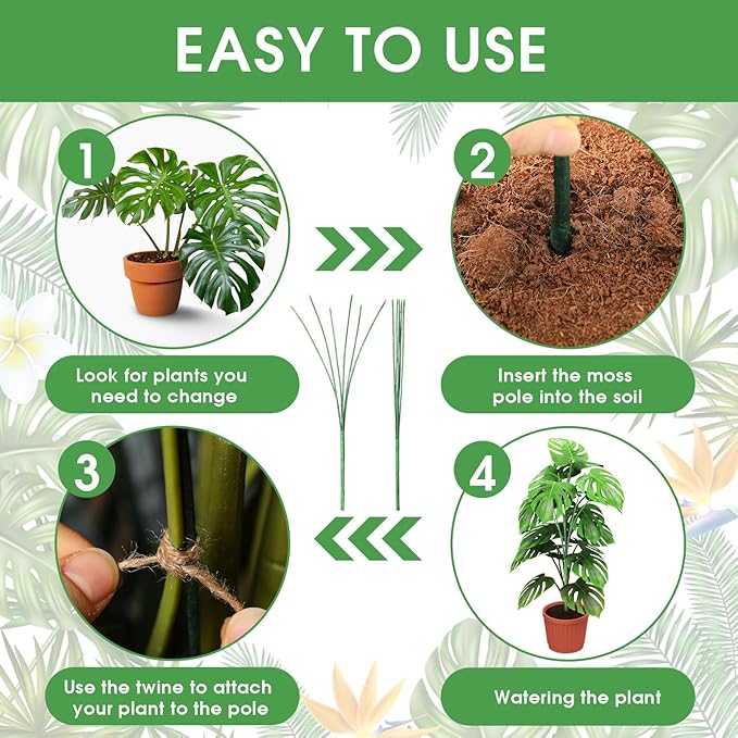 6 Pack 17'' Climbing Plant Support Stakes Moss Pole Monstera Plant Climbers Trellis Plants Stem Supports for Indoor Outdoor Climbing Potted Plants Flower Grow Upwards Green