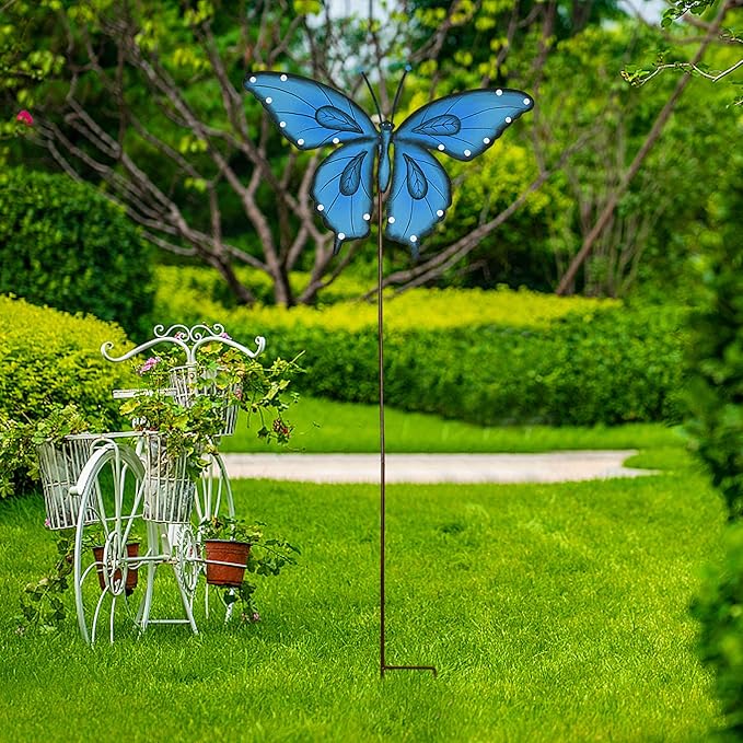 Garden Decor Metal Yard Stakes Spring Lawn Art Decorative Plant Stake Indoor Outdoor Ornaments Decoration for Patio Pathway Backyard (Blue + Green Butterfly)