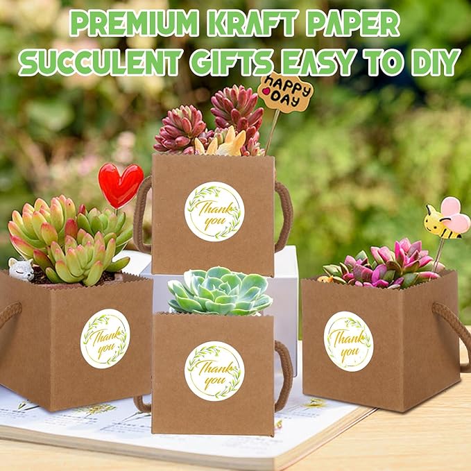 Beupy 100 Pcs Succulent Wrap Bags Bulk 2.5 Inch Mini Kraft Paper Succulent Wrap Bags with Handles & Thank You Stickers for Wedding Baby Shower Succulent Plants Party Favors for Guests