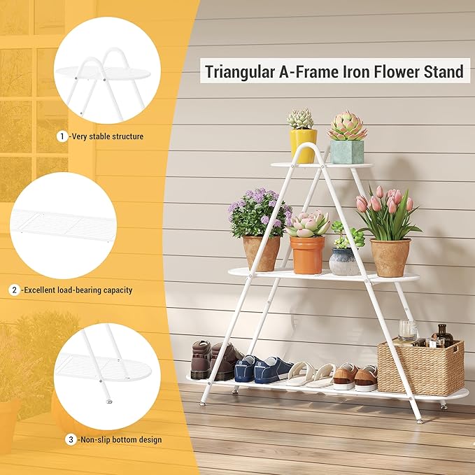 3-Tier Plant Stand Metal Plant Rack Shelf Heavy Duty Indoor Outdoor Shoe Shelf Rack for Flower Pots Holder Ladder Multi-Purpose Storage Organizer for Living Room Patio Garden Entryway Balcony (White)