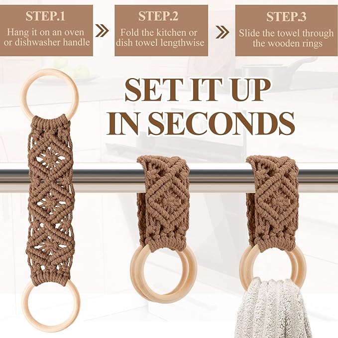 Tioncy 4 Pcs Kitchen Dish Towel Holder Boho Handmade Crochet Hanging Towels Loop Ring Knit Towel Hanger for Cabinet House Oven Stove Door, 4 Colors(Brown)