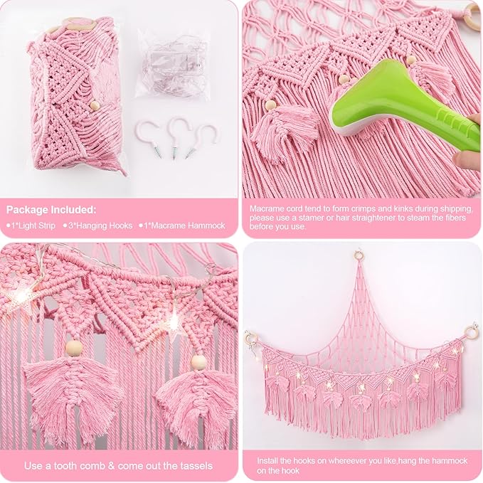 ANROYE Macrame Stuffed Animal Storage with Star Light, Bear Pink Hammock for Girls Room Decor, Corner Hanging Mesh Organizer Idea for Nursery, Plushies Toy Wall Hanging Display Holder Kid Boy Gift
