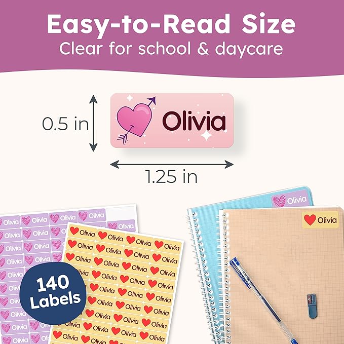 Personalized Name Labels for Kids (140 Labels) - Durable & Waterproof Custom Name Stickers for Clothing Tags, School Supplies, Camp & Daycare - Forever (1.2”x0.5”)