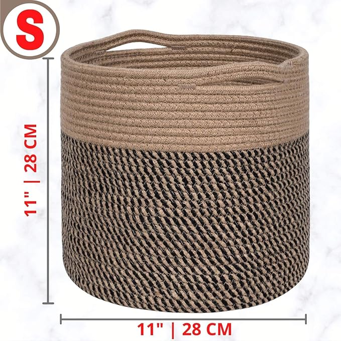 MINTWOOD Design 11 x 11 Inches Cotton Rope Basket for Flower Pot and Indoor Floor Planters, Decorative Round Woven Plant Pot Basket, Planter Covers, Small Dog Toy Storage Baskets, Black