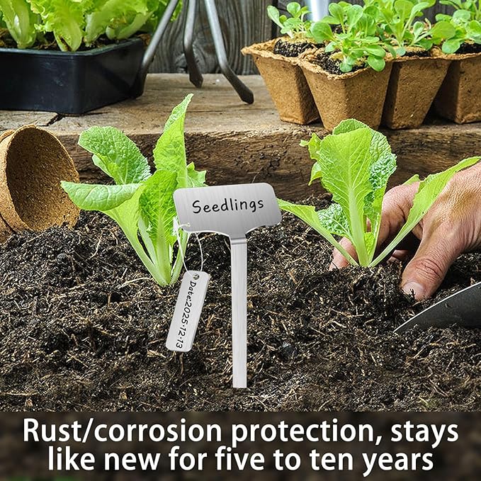 304 Stainless Steel Plant Markers, 10 Waterproof Metal Plant Label Stakes with 10 Tag Buckles & Marker Pen, 12.75" Garden Markers for Outdoor Indoor Plants Identification.