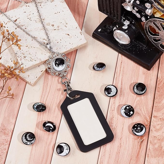 SUNNYCLUE 1 Box 12 Styles Snap Button Lanyard Moon Star Planet ID Badge Necklace Cute Gothic Style Black White Badges Holder Breakaway Stainless Steel Lanyard Chain for Holders Keys Men Women