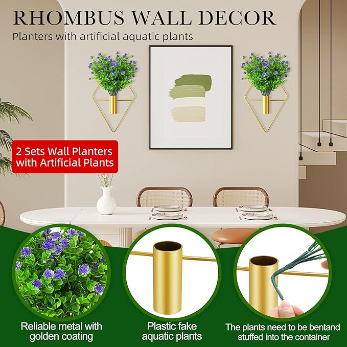 2 Pack Wall Decor Hanging Planters with Artificial Plants Metal Hanging Vase Indoor Plants Holder Modern Boho Wall Art for Bathroom Bedroom Living Room Office (Gold Eucalyptus)