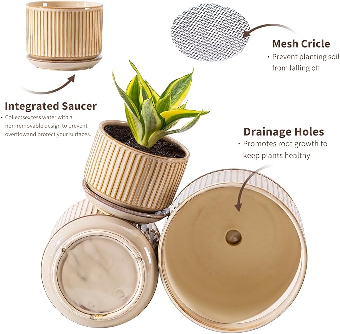 SURE YUESI Beige Ceramic Plant Pots Set of 3 (4.3”+5.5”+6.7”), Striped Planters with Drainage Hole, Saucer & Mesh Pads, Decorative Pots for Indoor & Outdoor Plants