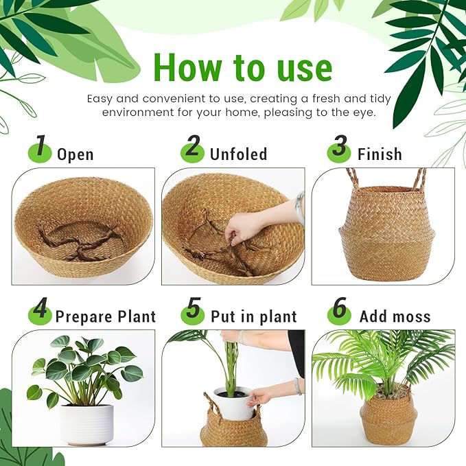 Knitgrip Large Wicker Plant Basket with Handle 10 Inch Woven Seagrass Belly Basket and Artificial Moss for House Plants Picnic Grocery Laundry Storage Home Decor(Small, Medium, Large,Original,3 Pack)