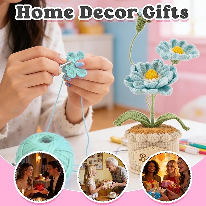Crochet Flowers with Personalized Leather Name Tag Handmade Knitted Flowers for Home Office Desk Decor Crochet Zinnia Potted Plant for Women Crochet Everlasting Flower Birthday Gifts(Blue)