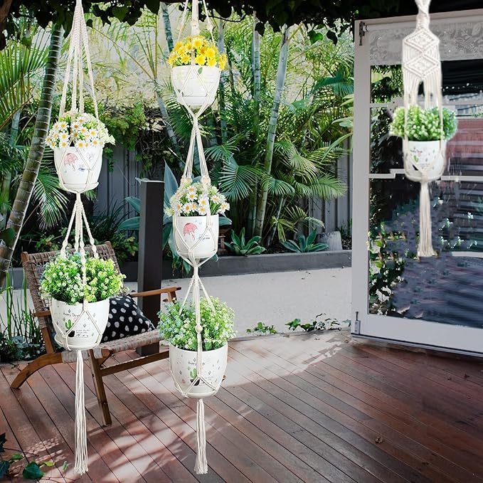 PEN&H Wall Macrame Plant Hanger Set of 5, Handmade Cotton Rope Planters Flowers Hanger, Bohemian Style Hanging Plants Holder for Indoor Outdoor Decoration Creamy White (POTS NOT Included)
