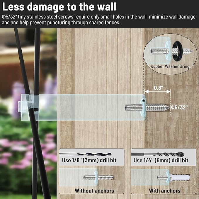 Wire Trellis for Climbing Plants Outdoor, 20-Set Black ABS Plastic Wall Wire Trellis Kit with 1/8" x 65ft Vinyl Coated Cable & Cutter, Stainless Steel Cable Espalier System for Garden Fence