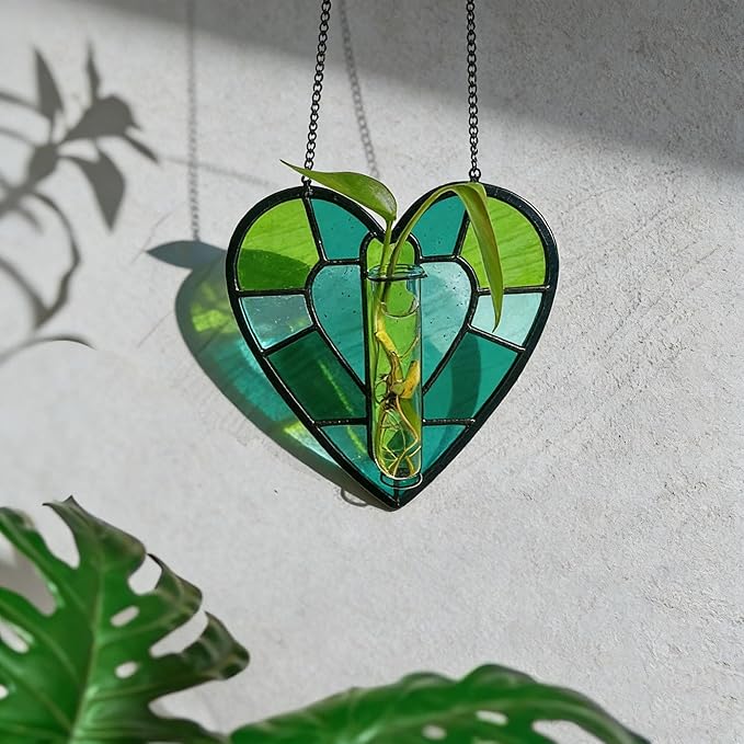 QLCBELOVE Stained Glass Plant Propagation Station, Handmade Suncatchers Window Hanging Decor, Hanging Hydroponic Planter Terrarium with 2 Glass Tubes for Home & Garden Decor, Green, Indoor Outdoor