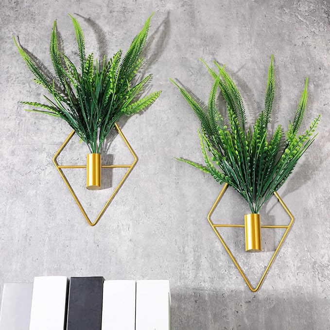 Canlierr 2 Pieces Gold Wall Decor Hanging Planters with Artificial Plants Metal Vase Indoor Plants Holder Modern Geometric Wall Art for Home Bathroom Bedroom Living Room Office(Boston Fern,Large)