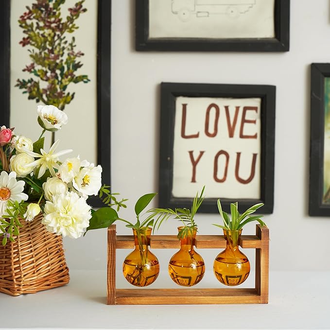 Kingbuy Glass Plant Terrarium Propagation Station - 3 Bulb Colored Vases with Retro Wood Stand Indoor Garden Planter - Wall Mount Desktop Decor for Home Kitchen Wedding, Plant Lover Gift, Amber