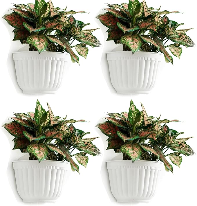 4 Pack White Wall Planter Pots Vertical Living Wall Hanging Planters Wall Mounted Planter Holder with Drainage Hole for Indoor Outdoor Plants Wall Decor with Hooks/Screws