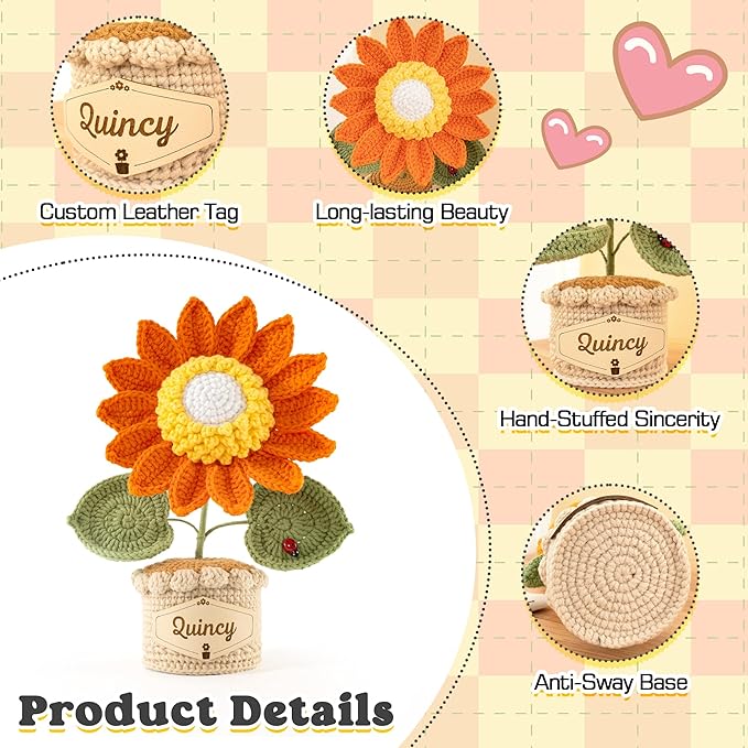 Crochet Flowers with Personalized Leather Name Tag Handmade Knitted Flowers for Home Office Desk Decor Crochet Sunflower Potted Plant for Women,Mother,Teachers, Birthday Crochet Gifts(Orange)
