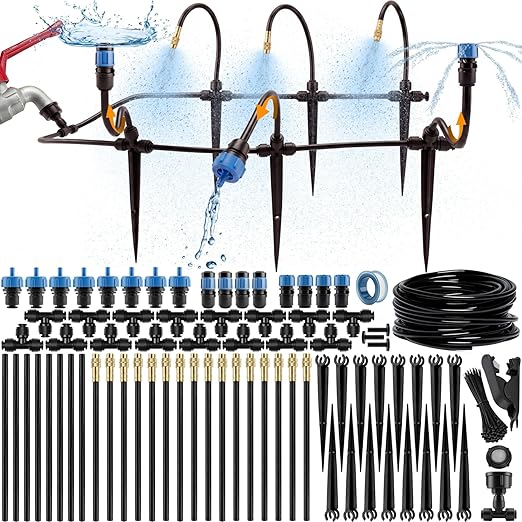 CARPATHEN 50FT 1/4" Drip Irrigation System - Complete Garden Irrigation Kit with 16pcs 360° Adjustable Atomizing Copper Nozzles - Watering Spray System for Raised Beds, Potted Plants, Greenhouse