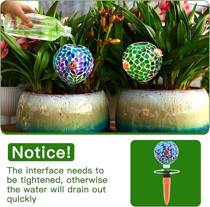 SAVENNA Mosaic Plant Watering Globes with Terracotta Spikes,17oz Glass Self Watering Globes for Indoor & Outdoor Potted Plants,Decorative Water Drippers for Houseplants, Garden & Patio,Set of 2