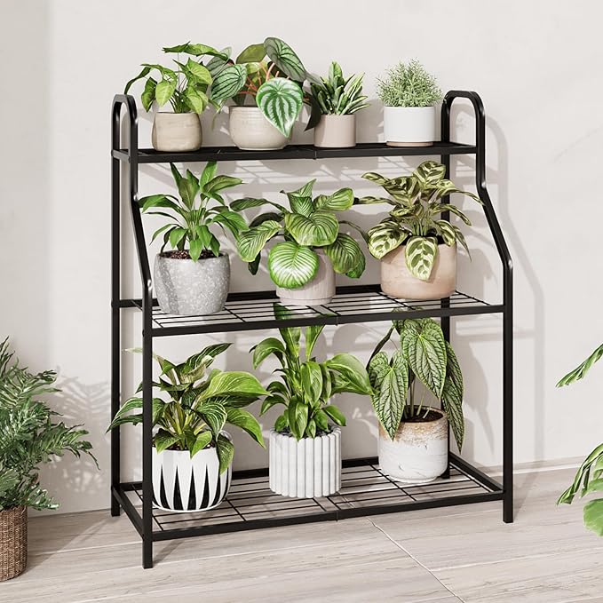 GENTINGBRO Plant Stand Outdoor 3 Tier Plant Stand Metal Plant Stands Waterproof Plant Holder Rack for Indoor Use Robust Flower Stand Plant Shelf for Living Room Balcony Garden Black