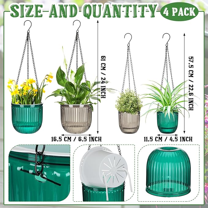 Maxcheck 4 Pcs Self Watering Hanging Planters Indoor Gift 6.5'' 4.5'' Hanging Flower Pots Baskets Outdoor Self Watering Plant with 3hooks Drainage Holes for Home