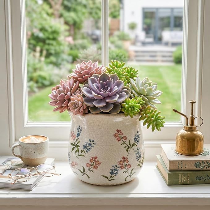 DREAMLOOM Vintage Ceramic Planter for Indoor Plants,6.1" Ice Crack Cottage Scroll Vase Tuscan Decor Flower Pots with Drainage Holes Home Kitchen Farmhouse Antique Decorative Gift (Red-Corrugated)
