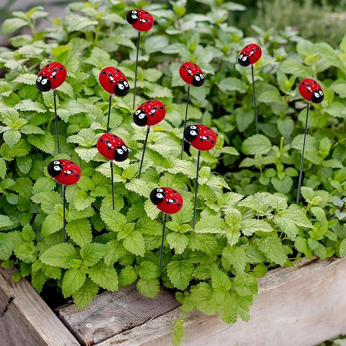 Garden Stakes Decor,10Pcs Garden Stakes Decorative Outdoor Lawn Pathway Patio Plant Pot Art Stick Yard Art Decorations for Pot Lawn Patio Corridor Flower Bed Outdoor Plant (Ladybug)