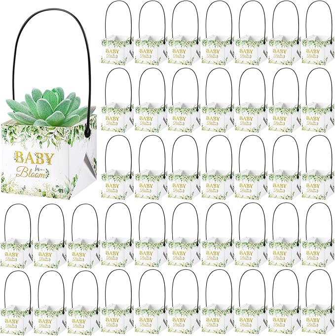 Soaoo 60 Pcs Succulent Baby Shower Favors Bulk Grow Succulents Wrap Bags with Handles Baby in Bloom Plants Paper Pots Gift Boxes Decorations Supplies Plants not Included Fits 2 Inch Pots(Eucalyptus)