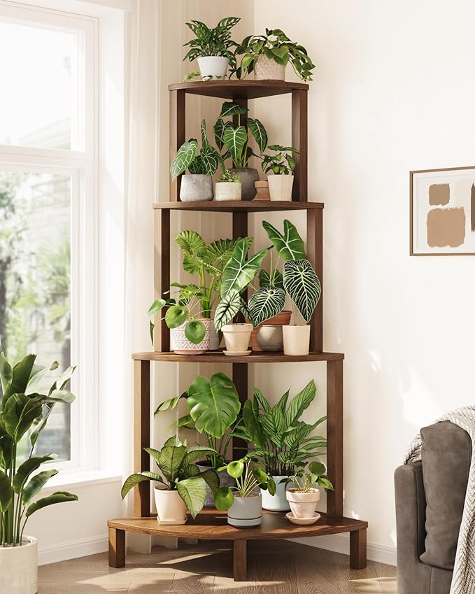 Bamworld Corner Plant Shelf 4-Tier Plant Stand Indoor Wood Plant Rack 66 Inch Tall Shelves Garden Decor for Living Room Balcony