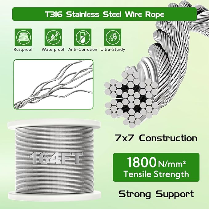 Trellis Wire for Climbing Plants Outdoor, 30 Set Wall Wire Trellis Kit with 1/8" x 164ft Stainless Steel Cable, T316 Espalier System Cable Trellis Kit with Adjustable Spacing Vines Green Wall