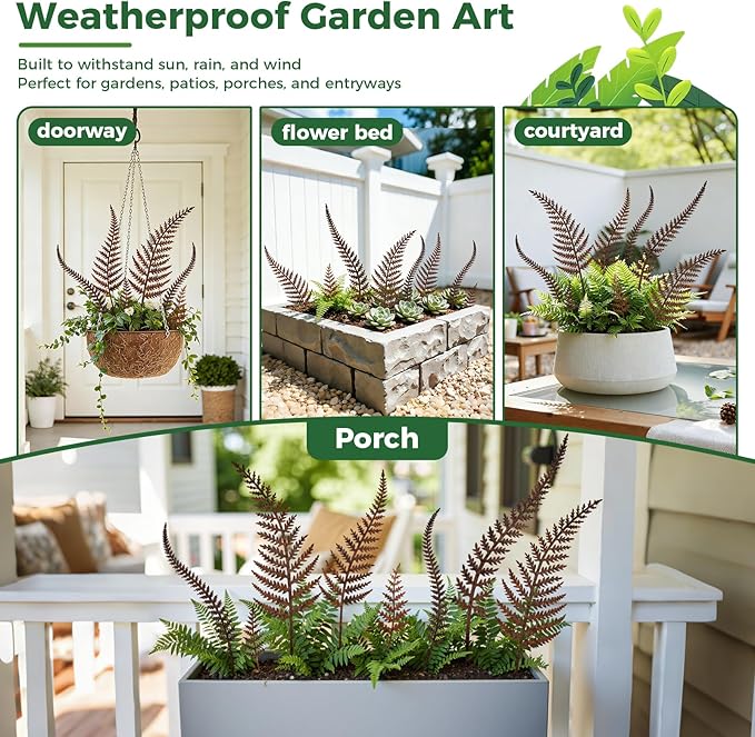 6-Pack Metal Flower Decorative Garden Stakes, Rustic Fern Plant Picks, Handmade Metal Outdoor Garden Decor for Flower Beds, Fairy Gardens, Yard Art&Potted Plants Gift-Boxed Indoor&Outdoor Decor