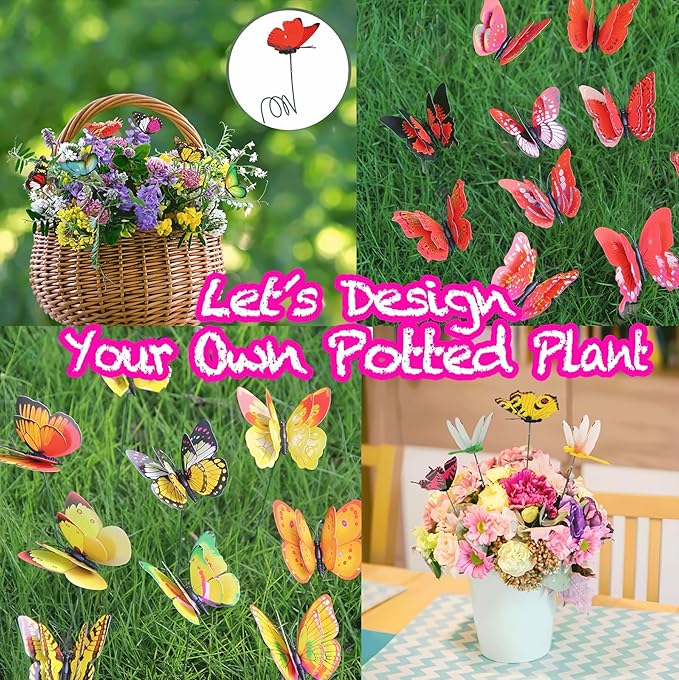3D Butterfly Stakes,20PCS Butterfly Garden Stake Decor for Flower Bouquet Outdoor Indoor Yard Art Patio Plant Pot Flower Bed Home Décor,Butterfly Plant Stakes with Bendable Stick(Yellow&Red)