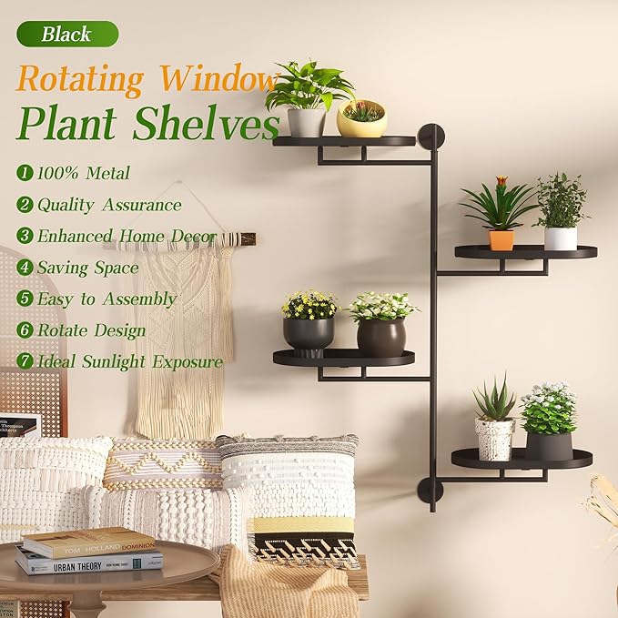 YQSLYSF Window Rotating Plant Stand Shelf Indoor Black Metal Floating Shelves 4-Tier Wall Mount Plant hanger Holders for Wall Planter Modern Home Decor window sill gifts