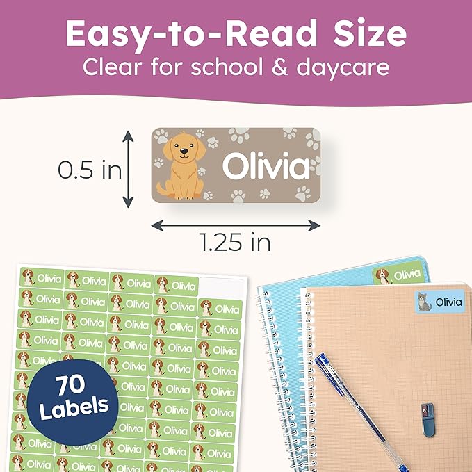Personalized Name Labels for Kids (70 Labels) - Durable & Waterproof Custom Name Stickers for Clothing Tags, School Supplies, Camp & Daycare - Paws (1.2”x0.5”)