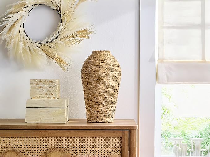 15 Inch Tall Faux Seagrass Vase, Large Woven Decorative Vase for Tabletop, Modern Boho Accent Piece for Entryway, Living Room, and TV Console