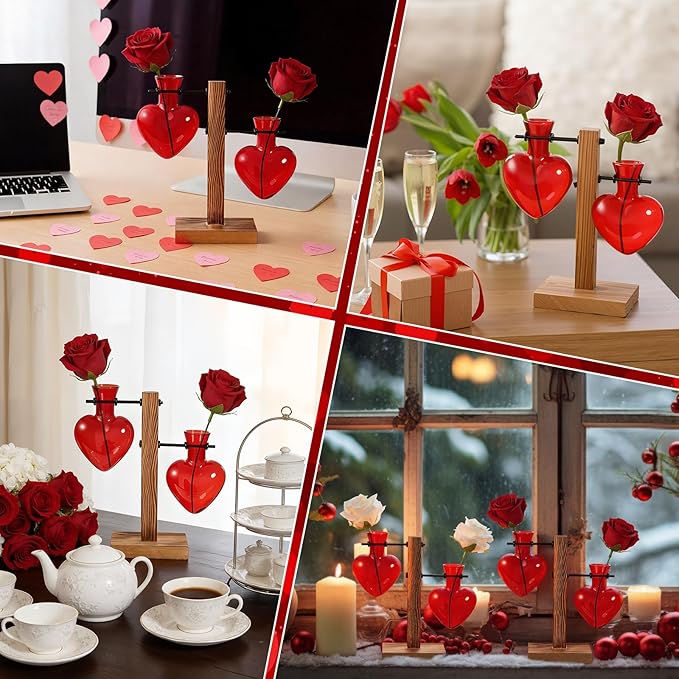 Remerry Red Heart Plant Terrarium with Wooden Stand 2 Heart Glass Vases Planter Propagation Station Tabletop Planter for Hydroponics Decor Plant Lover Gift