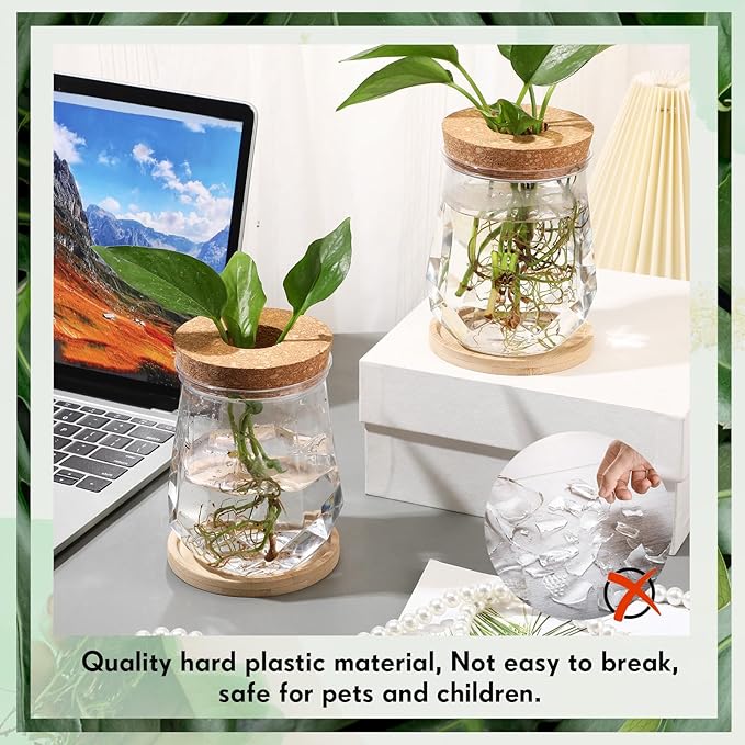 Baderke 12 Packs 4.7" Large Plastic Propagation Vases for Plants with Hole Lid and Bamboo Stand Growing in Water Hydroponic Home Office Desktop Vase Decoration