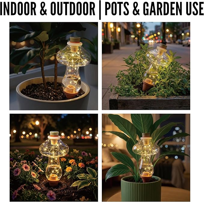 11oz Plant Self Watering Globes Top Fill, LED Night Light Mushroom Plastic Water Bulbs, Automatic Plant Waterer for Indoor Outdoor Houseplants, Slow Release Planter Insert, 2 Pack