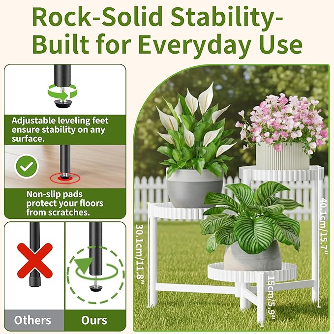 3 Tiered Tall Plant Stand Indoor Outdoor, Metral Flodable Plant Stand for Corner Display Rack Shelf, Multi-Tier Folding Planter Pot Holder Flower Stand for Living Room Balcony Garden Patio - WhiteFloroma