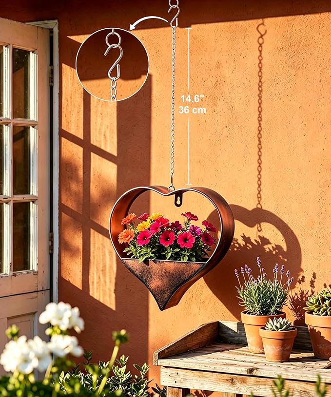 Metal Plant Hangers Indoor and Outdoor: Easter Gifts for Mom Women Her Wife Garden Lovers Birthday - Heart Shape Hanging Planters for Window Wall Living Room Office Decor(Rustic)